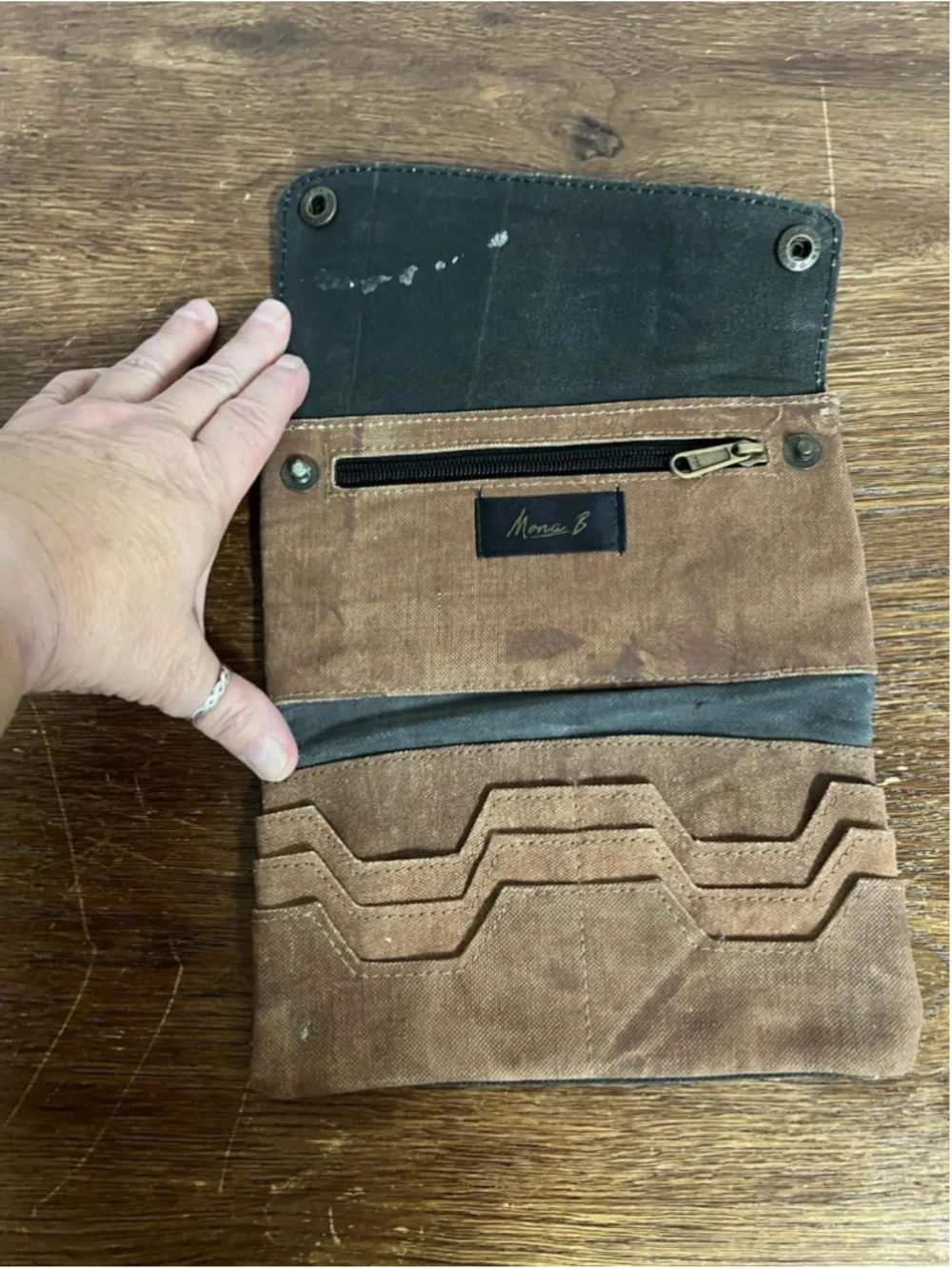 Mona B Upcycled Canvas & Leather Wallet My Way Highway Slogan Trifold Clutch Bag